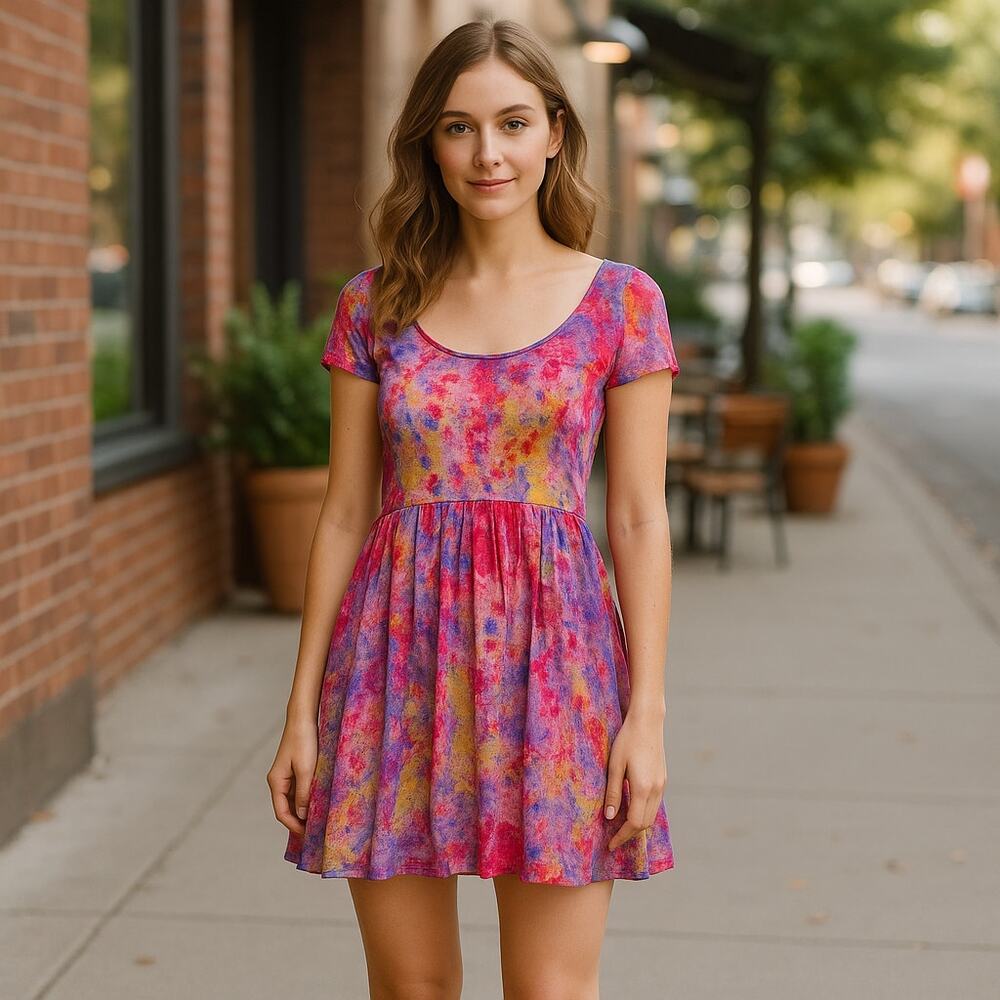 Somedays Lovin Tie Dye Babydoll Mini Dress Keyhole Back Pink Purple Boho NWT XS